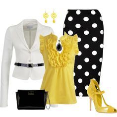 "Polka Dots with Yellow Accents" by justbeccuz on Polyvore LOVE the yellow!! Polka Dot Pants, Yellow Outfit, Elegante Casual, Yellow Shoes, Professional Attire, Complete Outfits