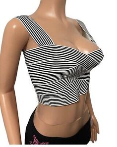 Striped bandage style bustier crop top S/M black/white Y2K | eBay Trendy Club Tube Top With Built-in Bra, Summer Low-cut Crop Top With Built-in Bra, Trendy Cropped Tube Top For Night Out, Fitted Strappy Crop Top For Club, Spring Crop Top With Built-in Bra For Club, Summer Crop Top With Built-in Bra For Club, Chic Crop Top Tube Top For Club, Chic Crop Tube Top For Club, Bandeau Crop Top With Built-in Bra For Club