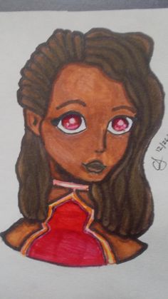 a drawing of a woman with red eyes