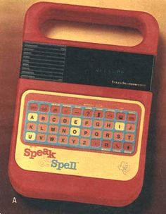 an old school computer with the words speak and spell on it's cover,