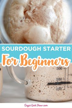 the ingredients for sourdough starter in a blender with text overlay that reads sourdough starter for beginners