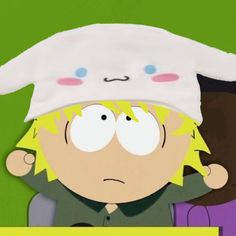 an animated image of a person wearing a bunny hat with eyes wide open and two other people in the background