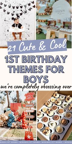 a collage of birthday themes for boys with the words 21 cute and cool 1st birthday themes