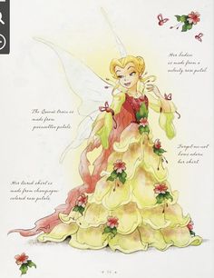 a drawing of a fairy with flowers on it's chest and wings, in a yellow dress