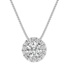 Fourteen sparkling round pavé-set diamonds  at approximately .35 carat total weight  serve as the perfect backdrop to the center stone of your choice at approximately .84 carat in this dazzling 14 karat white gold halo pendant. The design hangs from an 18-inch matching box chain. For more information on selecting your center stone  Live Chat or call an online customer service representative at 1-866-467-4263  or visit one of our store locations. Luxury Diamond Halo Necklace, Luxury Halo Design Diamond Necklace As Gift, Luxury Halo Engagement Necklace, Luxury Platinum Diamond Necklace With Halo Setting, Formal Diamond Solitaire Necklace With Halo Design, White Gold Solitaire Necklace With Halo Pendant, Timeless Cubic Zirconia Diamond Necklace With Halo, Timeless Diamond Necklace With Halo, Timeless Cubic Zirconia Halo Diamond Necklace