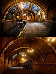 two pictures of the inside of a train station at night and in the day time