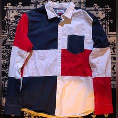 Authentic Tommy Hilfiger Button Up Shirt. Mint Condition, Never Worn. Size - Large/Slim Fit Red Long Sleeve Patchwork Shirt, Red Patchwork Button-up Tops, White Button-up Shirt With Patchwork, Tommy Hilfiger Cotton Button-up Shirt, Blue Tommy Hilfiger Button-up Top, Tommy Hilfiger Red Long Sleeve Shirt, Tommy Hilfiger Fitted Casual Shirt, Fitted Casual Tommy Hilfiger Shirt, Tommy Hilfiger Casual Button-up Shirt