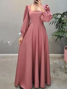 Graduation Red Dress University, Modest Event Dresses, Simple Long Dress With Sleeves, Simple Long Dress Casual Classy, Modest Dresses Casual Elegant, Red Dress Classy Elegant Long, Simple Gown Designs Classy, Square Neckline Prom Dress, Prom Dress Long Sleeves