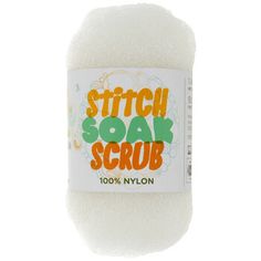 a white ball of yarn with the words stitch soak scrub in orange and green