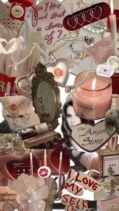 a collage of many different items including candles and pictures