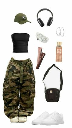 Green Bandana Outfits, Aesthetic Clothes Shein, Cute Street Wear Outfits, Y2k Outfit Inspo Aesthetic, Camo Outfits Aesthetic, Cargo Outfit Women, Y2k Green Outfit, Green Streetwear Outfit, Cute Cargo Pants Outfits