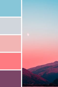 the sky is pink, blue and purple with mountains in the backgrounnd