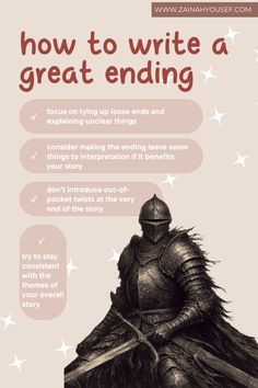 If you're writing a book and you aren't sure how to write an ending that will stick, here are some tips on how to create a great ending for your story. For more writing tips and tricks, check out https://www.zainahyousef.com How To Write, Book Title Ideas, Writing Tips And Tricks, Novel Tips