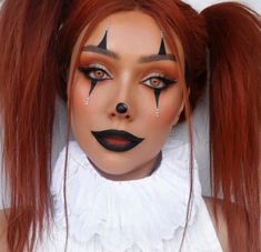 I do not own this image♡ Puppet Make Up Halloween, Helowen Make-up, Clown Faces Makeup, Orange And Black Clown Makeup, Clown Makeup Simple Cute, Clown Pigtails, Egirl Clown Makeup, Halloween Clown Makeup Ideas, Women Clown Makeup