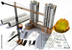 some construction equipment including a crane, hard hat and blueprint