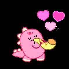 a pink bird eating a slice of pizza with hearts floating above it on a black background