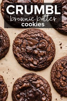 chocolate crumbl brownie batter cookies on a baking sheet with text overlay