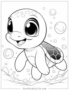 the cute turtle is swimming in the water with bubbles on it's head and eyes