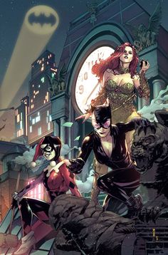 batman and catwoman standing in front of a clock