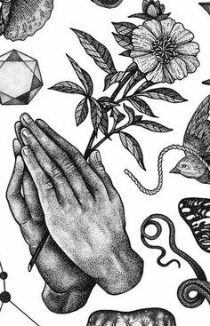 a drawing of praying hands, flowers and other items on a white background with black ink