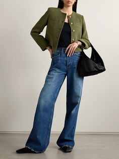 Ladylike jackets are huge this season and Nili Lotan's 'Paige' version is an easy way to tap into the trend. Cut from cotton-blend tweed, it has a collarless silhouette and lightly padded shoulders. Wear yours with jeans and ballet flats. Womens Tweed Jacket, Nili Lotan, Sports Trousers, Minimal Outfit, Green Jacket, Tweed Jacket, Outerwear Women, Clothing For Women, Jeans Dress