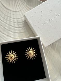 Club Paradiso Soleil Sun Moon Gold Earrings. Radiant as the sun’s warmth. Elegant Summer Jewelry With Sun Design, Trendy Gold Sun Design Earrings, Summer Gold Jewelry With Sun And Moon Design, Gold Sunburst Earrings With Sun Design, Gold Sun-shaped Earrings For Gift, Sun-shaped Earrings With Sun Design, Sun-shaped Earrings As Gift, Sun Shaped Earrings As Gift, Sun Design Earrings As A Gift