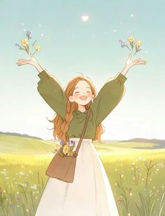 a girl in a field with her arms up and flowers on her head, holding out her hands to the sky