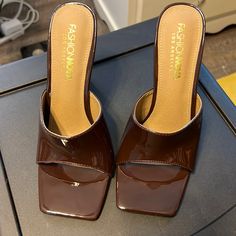 Chocolate Brown Mule Heels New With Box Never Worn 4-1/2” Heel Brown Patent Leather Open Toe Heels, Brown Square Toe Heels For Party, Brown Mules, Mule Heels, Fashion Nova Shoes, Shoes Brown, Mule Clogs, Mules Shoes, Chocolate Brown