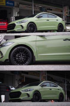 two different shots of a green car parked in front of a garage with other cars