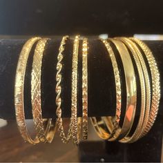 Gorgeous Gold Plated Stainless Steel Bracelet Set From Bangkok Thailand. Lightweight Bangles Will Add A Sophisticated Flair To Your Fashion Statement. Gold Band Bracelets, Gold Bracelets Bangles, Gold Bangle Stack, Gold Band Bracelet, African Bangles, Golden Bangles, Gold Bangle Bracelets, West Indian Bangles, Xoxo Jewelry