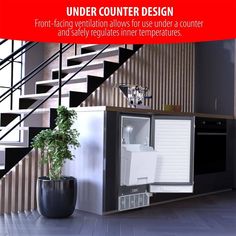 an advertisement for under counter design with stairs in the background and a potted plant next to it