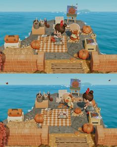 two pictures of the same scene with pumpkins and other things in them, one is sitting on a picnic table