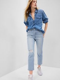 Fit: Hugs your hips, holds you in & ends with a straight leg that hits at the ankle.  Fabric: 94% Cotton, 5% Recycled Materials, 1% Stretch.  Stretch: Low Stretch Jeans.  Feels like vintage denim with a hint of stretch.  Snug at first & holds you in, but forms to your shape. ​ Rise: High Rise Jeans.  Look: A distressed five-pocket jean in a light wash.  Details: Zip fly & five-pocket styling.  Responsibly Made: This pair of jeans is part of our water-saving Washwell program.  Compared to convent Gap Jeans Women, Grown Women, Fall Capsule Wardrobe, Gap Denim, Gap Jeans, Women's Wardrobe, Pocket Jeans, High Rise Jeans, High Jeans