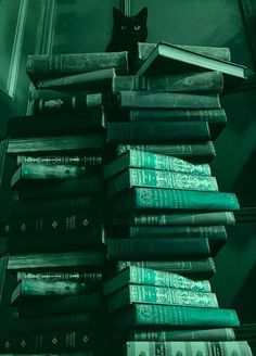 a black cat sitting on top of a stack of books