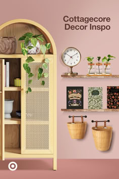 an image of a book shelf with plants and pictures on it that says cottage decor inspo