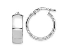 Rhodium over 14k white gold high polished hoop earrings. Measure approximately 13/16"L x 1/4"W and have saddleback backings. Classic Nickel-free Huggie Jewelry, Classic Small Hoop Sterling Silver Jewelry, Small Hoop White Gold Fine Jewelry, White Gold Small Hoop Fine Jewelry, Nickel-free Classic Hoop Earrings For Formal Occasions, Classic Nickel-free Hoop Earrings For Formal Occasions, White Gold Huggie Earrings With Sterling Silver, Nickel Free White Gold Small Hoop Earrings, Polished White Gold Huggie Jewelry