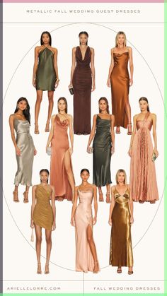 a bunch of women in different dresses on a white background with the words metallic fall wedding dress