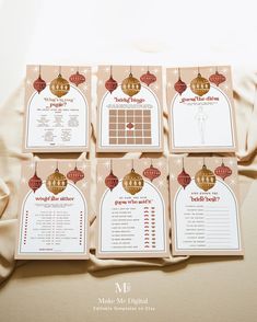 the wedding program is displayed on top of a sheet of paper with ornaments hanging from it