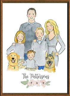 a family portrait painted in watercolor on paper with the words, the pattersons