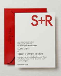 a red and white wedding card with the word s + r printed on it's front