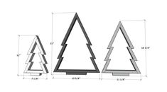 three wooden christmas trees are shown with measurements