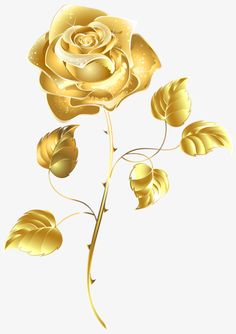 a golden rose with leaves on a white background