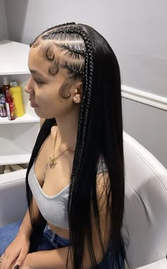 Braids With Hair Out In The Back, Braid With Hair Down, Braided Hairstyles Hair Down, Half Feed In Braids Half Sew In Straight, Half Up Half Down Cornrows Braids, Braids With Weave In The Back, Braids In The Front Weave In The Back, Hairstyles With Braiding Hair