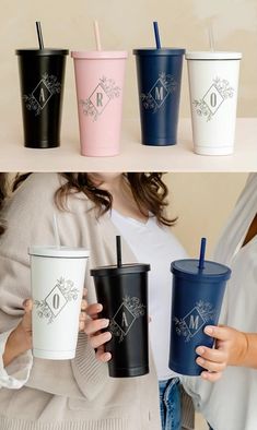 three different colored cups with lids and straws in them, one has a monogrammed logo on the side