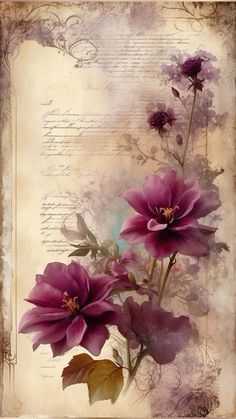 a painting of purple flowers on an old paper