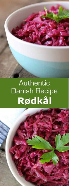 red cabbage in a white bowl with text overlay that reads authentic danish recipe rokkai