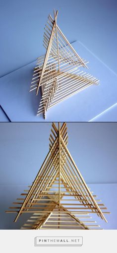 two pictures of a wooden christmas tree made out of sticks and wood dows on top of each other