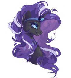 a drawing of a purple pony with long hair and blue eyes, sitting in front of a white background