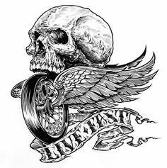 a skull with wings on top of a wheel