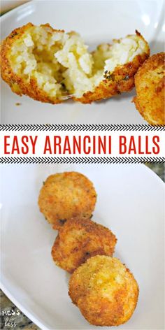 three different types of food are shown on the plate with text overlay that reads easy arancin balls